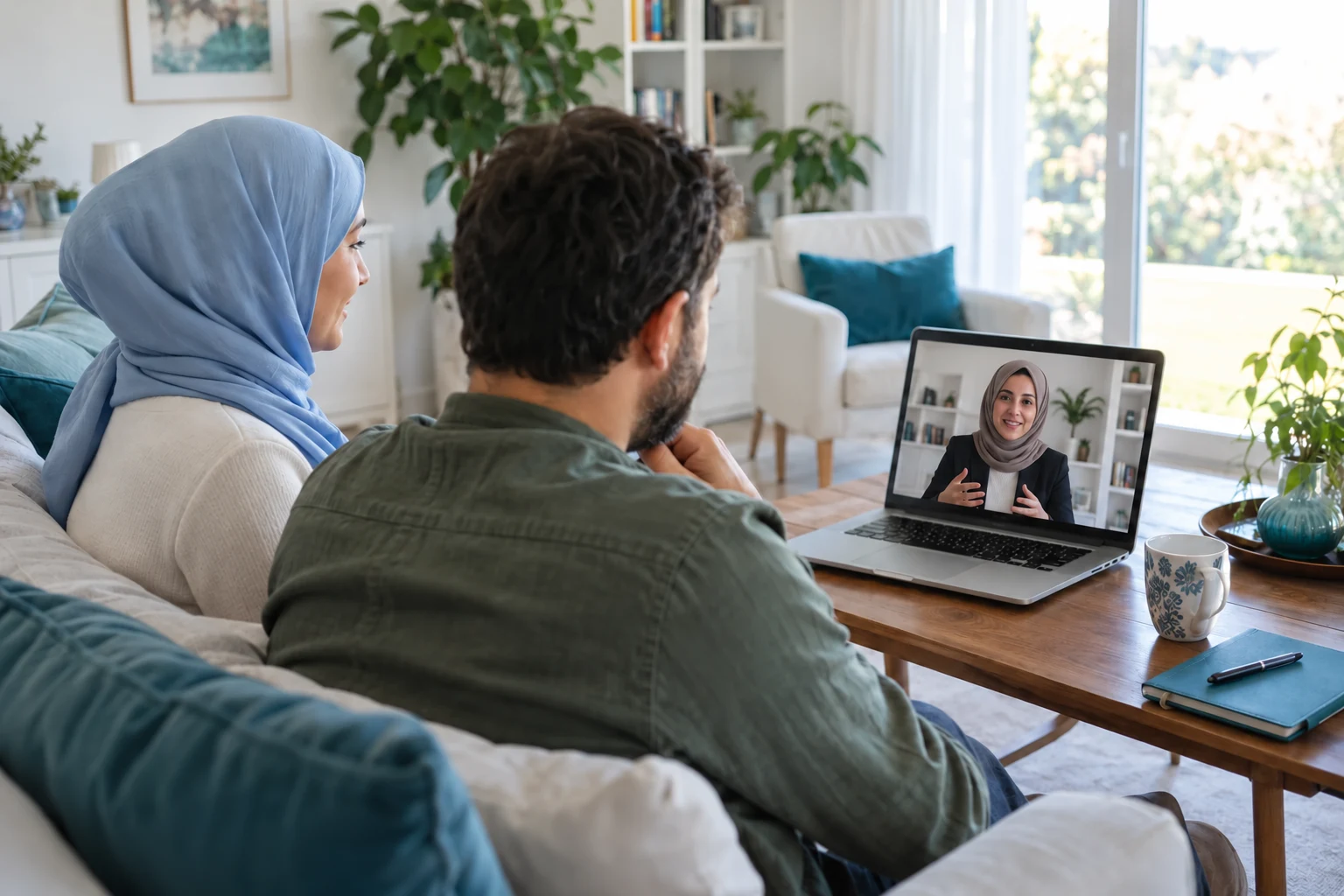Başörtülü kadın ve erkek danışanın başörtülü kadın uzmanla online çift görüşmesi