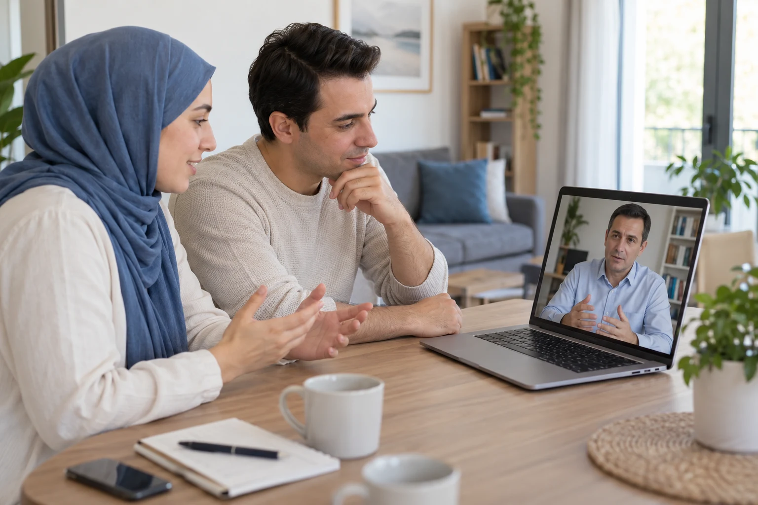 Başörtülü kadın ve eşinin sakalsız erkek uzmanla bilgisayar üzerinden online çift görüşmesi