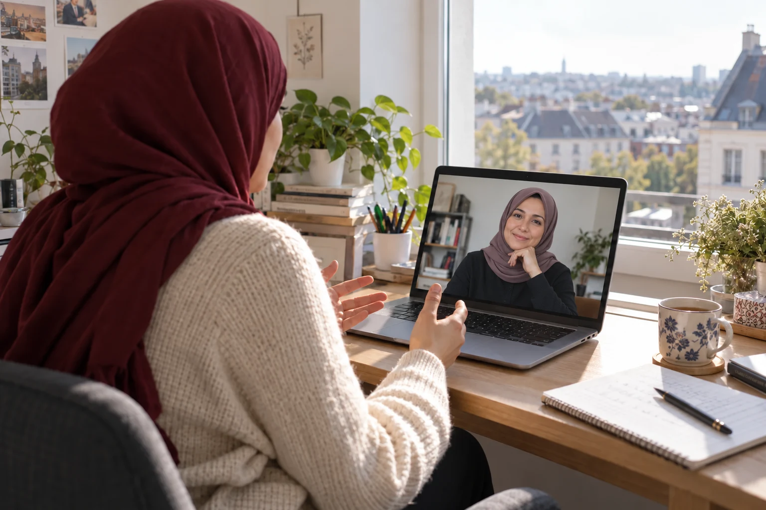 Başörtülü kadın, yurt dışındaki evinden bilgisayar ekranındaki başörtülü kadın uzmanla Türkçe online görüntülü seansa katılıyor
