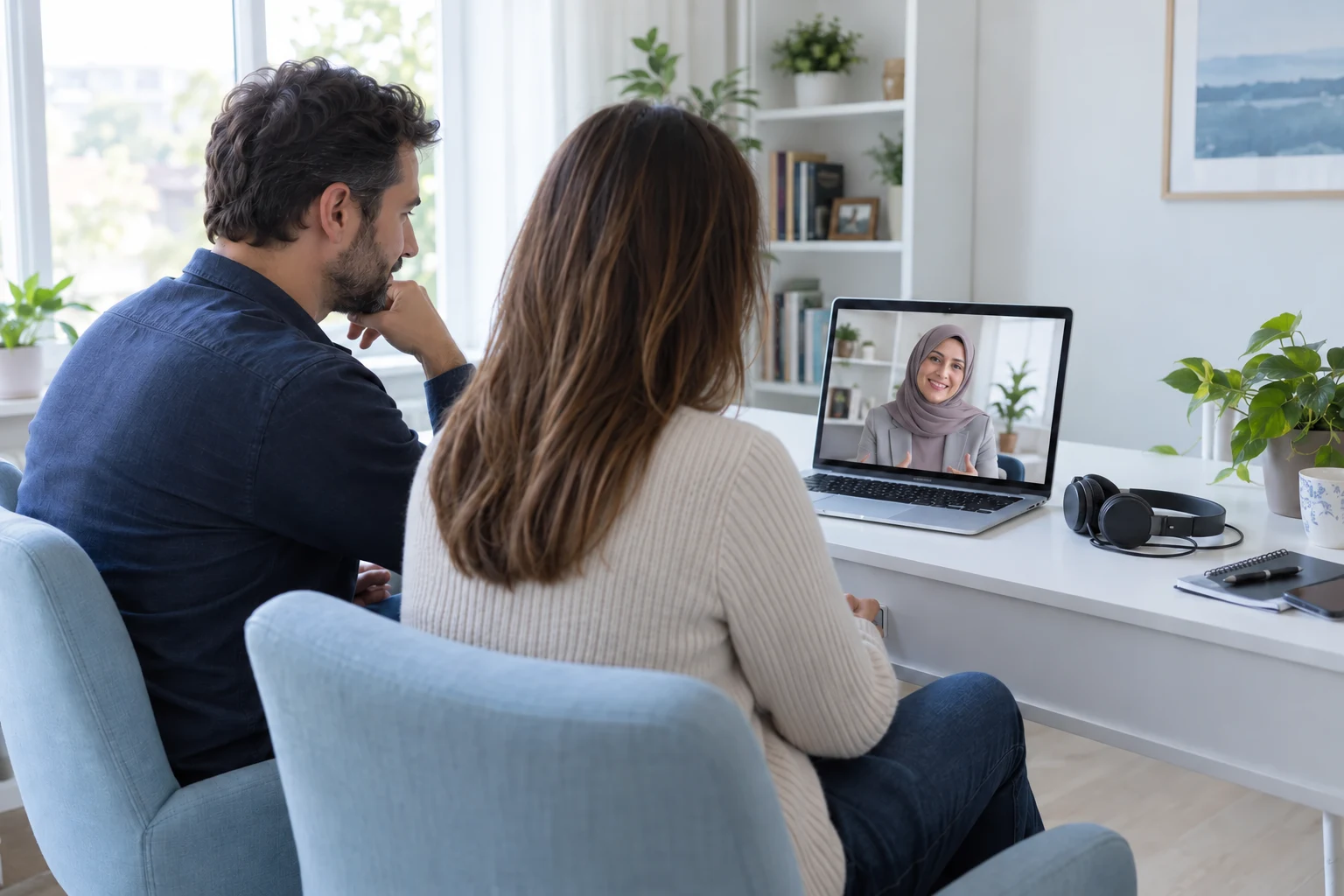 Evliliğe Hazırlık Danışmanlığı – Türkçe görüşmeler İlk online çift görüşmesine evlerindeki bilgisayardan katılan eşler