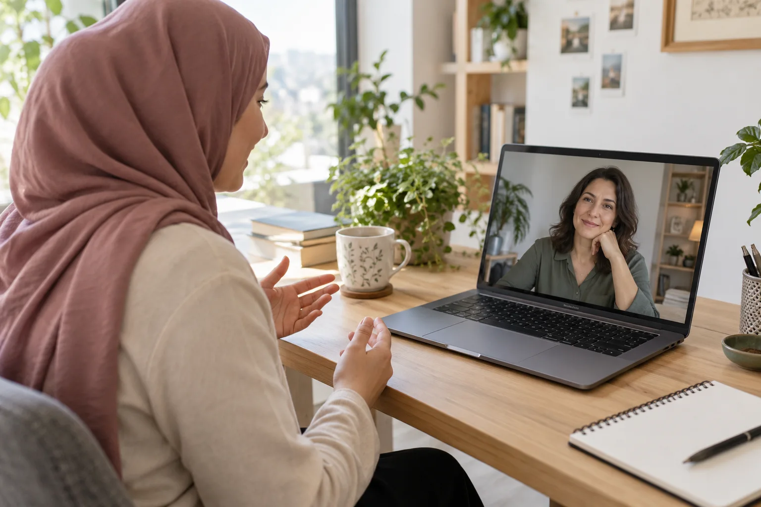 Başörtülü kadın danışan, evindeki dizüstü bilgisayardan kadın uzmanla online görüntülü seansa katılıyor