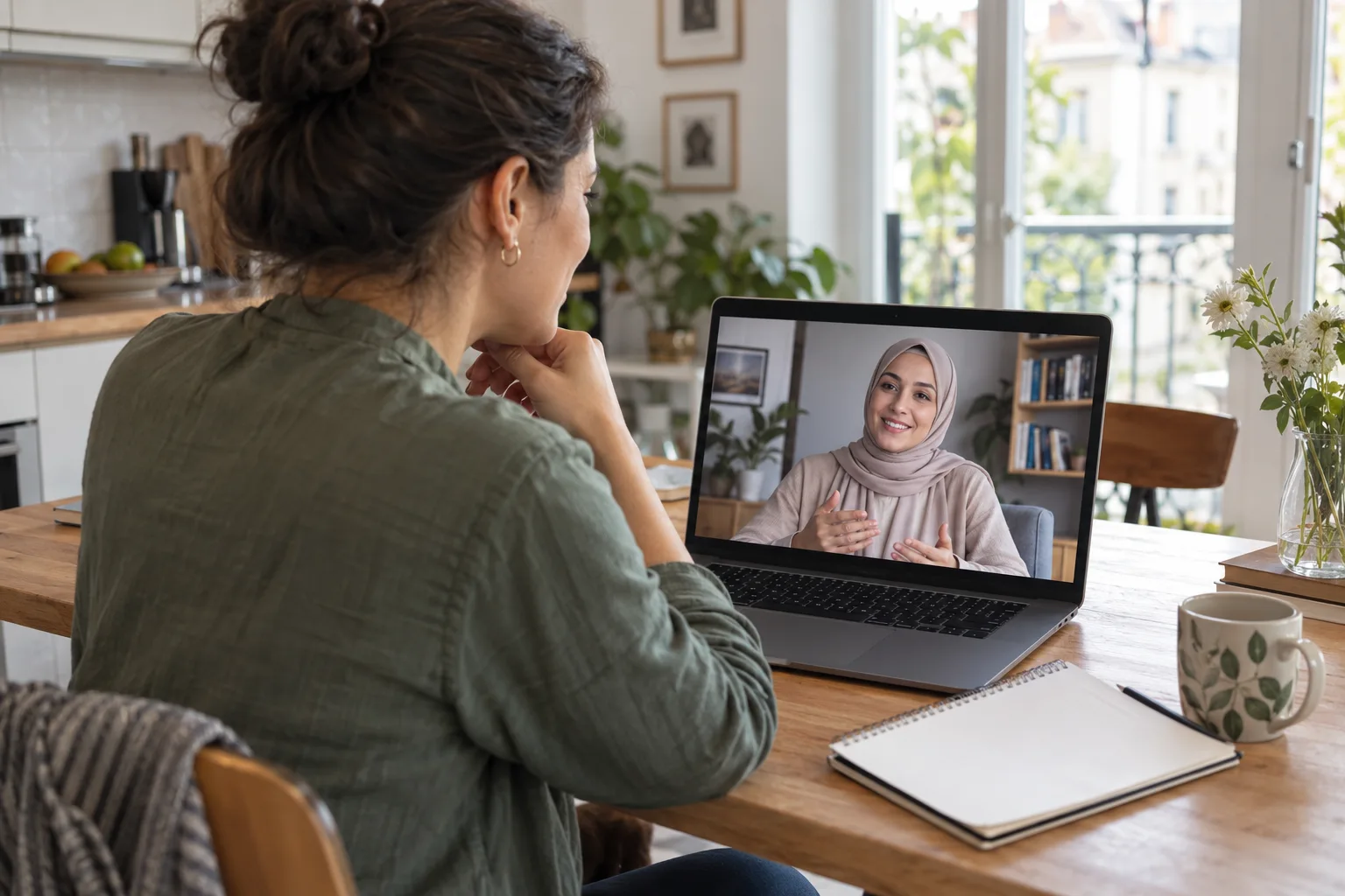 Evlilikte Sabır ve Kendini İfade Etmek – Türkçe görüşmeler Başörtüsüz kadın danışan, evindeki bilgisayardan başörtülü kadın uzmanla online görüntülü seans yapıyor