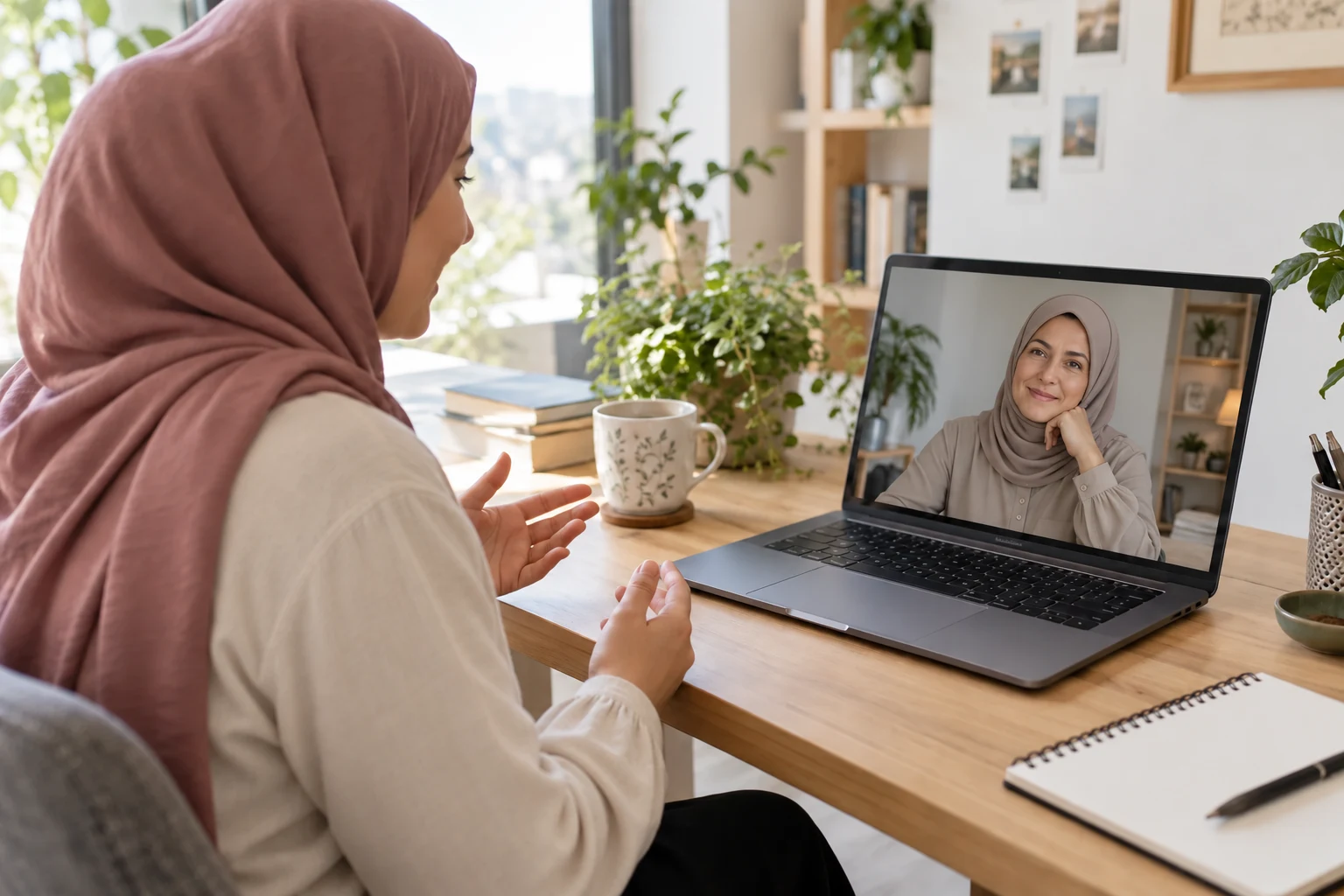 Seans Sürenizi ve Ödeme Planınızı Seçin – Türkçe görüşmeler Başörtülü kadın danışanın başörtülü kadın uzmanla online evlilik danışmanlığı görüşmesi